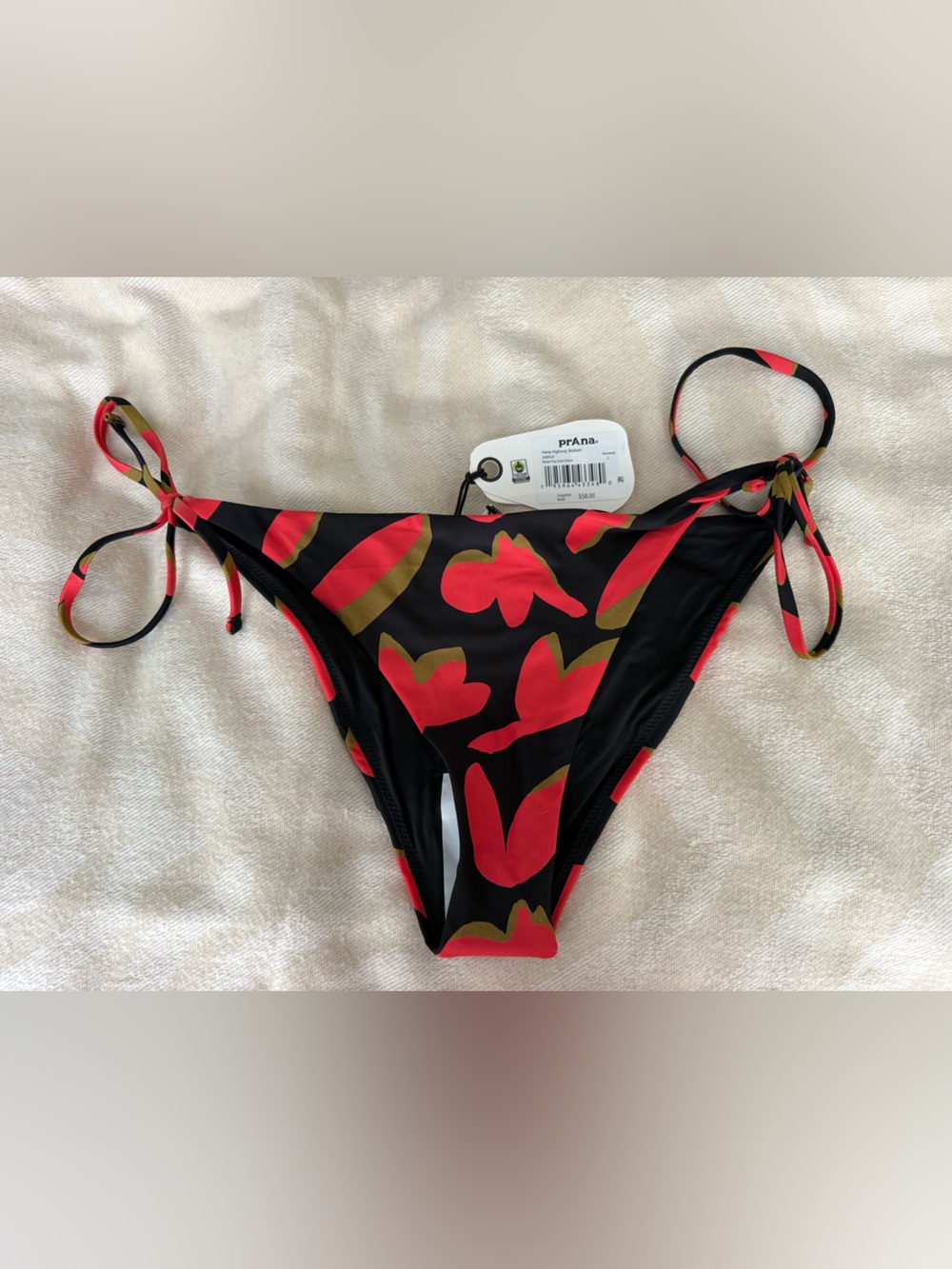 prAna Hana Highway Tie Side Bikini Bottom Rose Pink Retro Bloom Size Large NWT